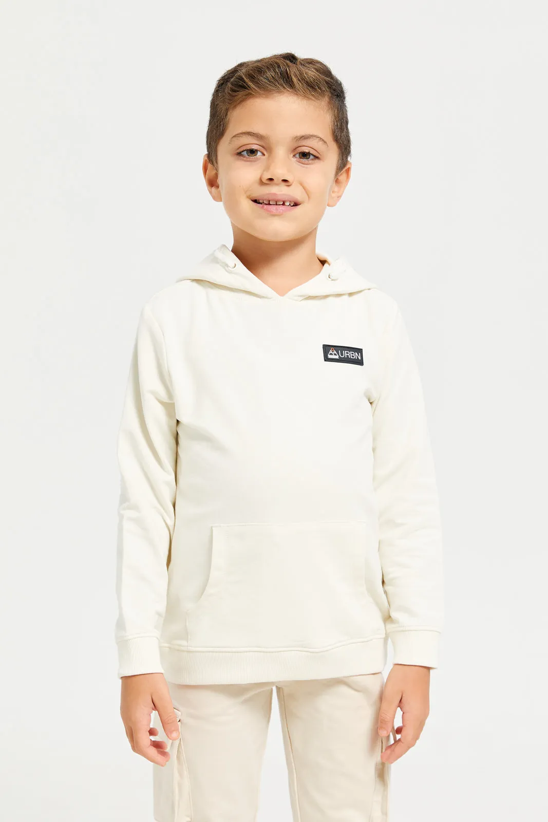 Boys Beige Hooded Printed Sweatshirt