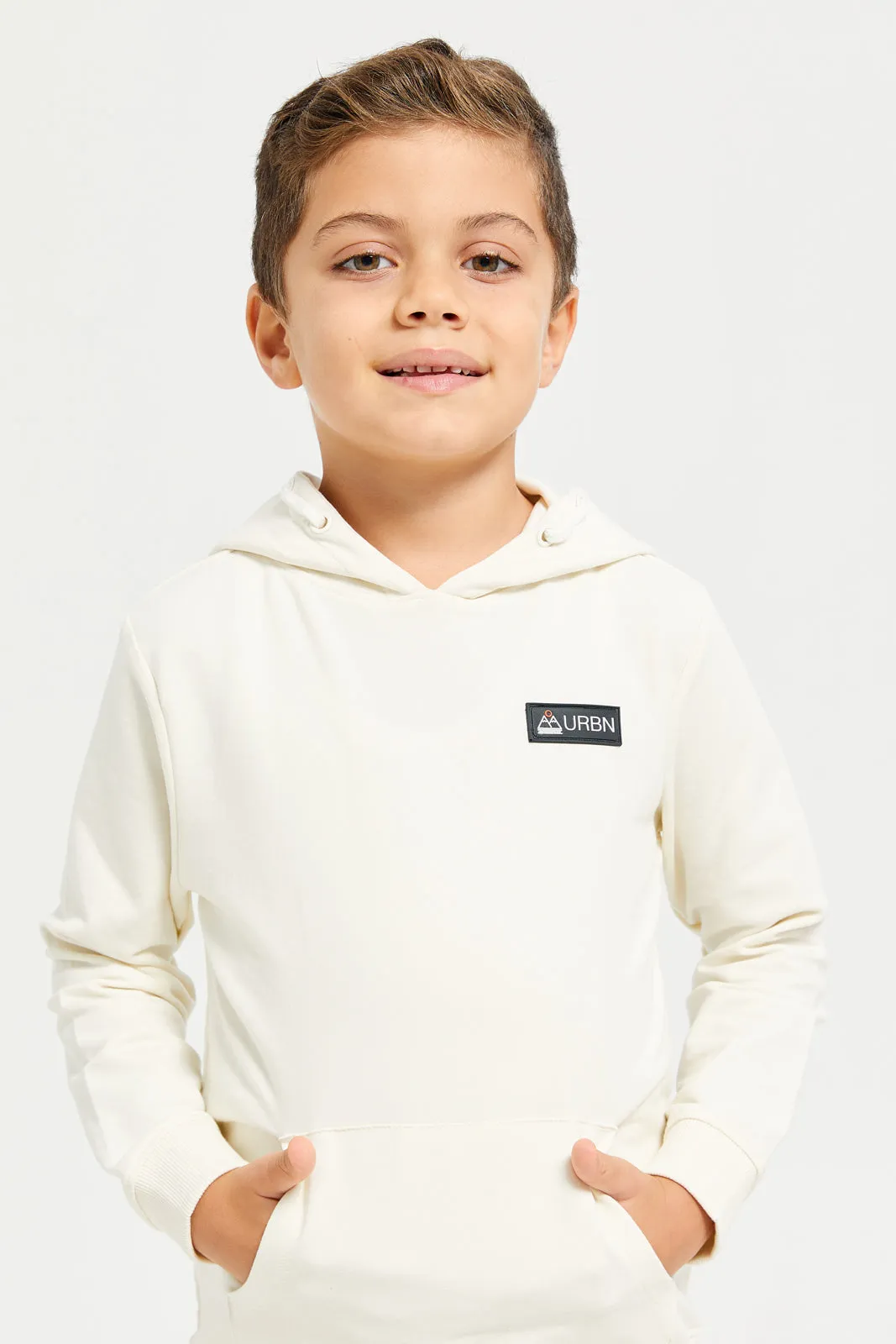 Boys Beige Hooded Printed Sweatshirt