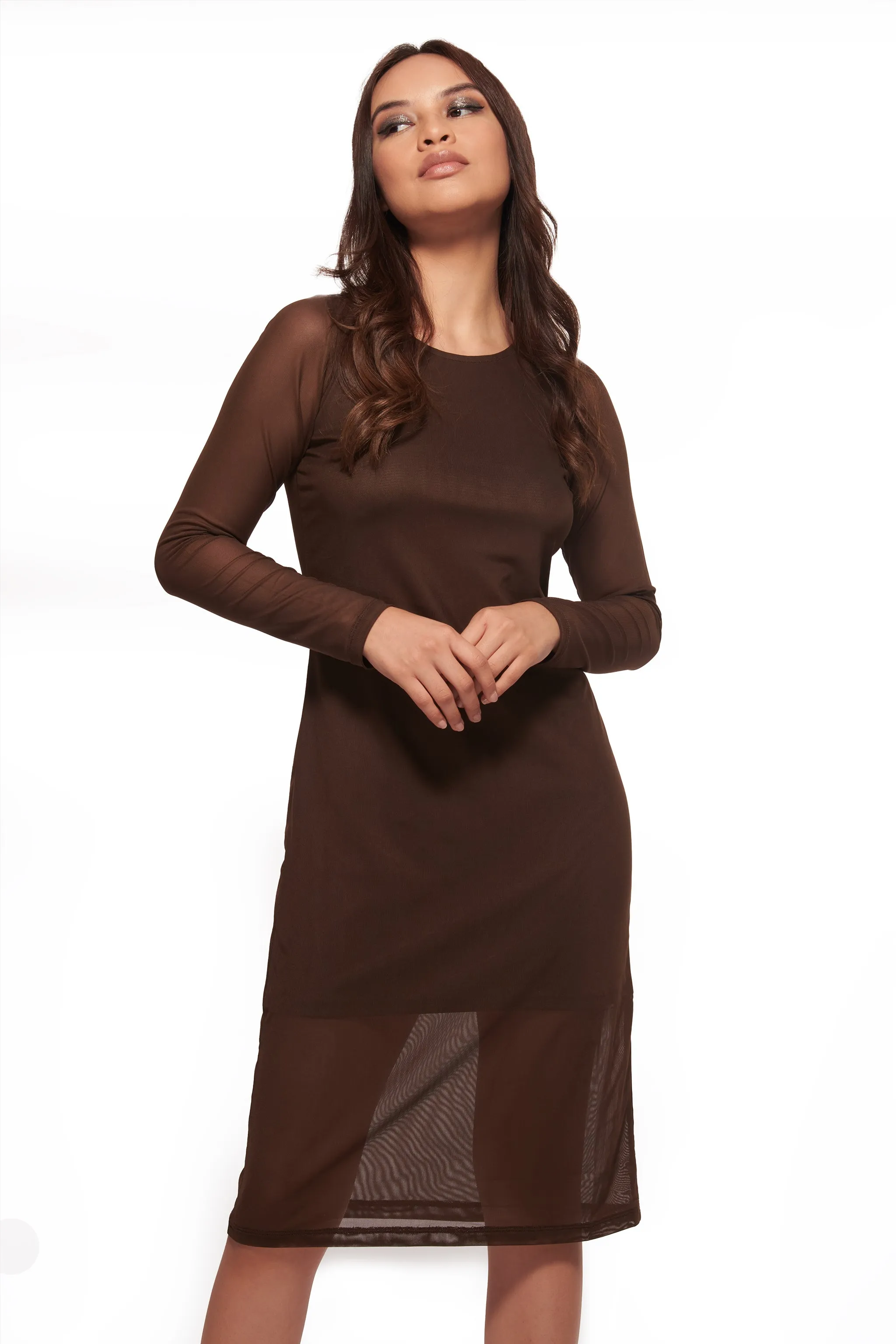 Brown Mesh Layered Midi Dress