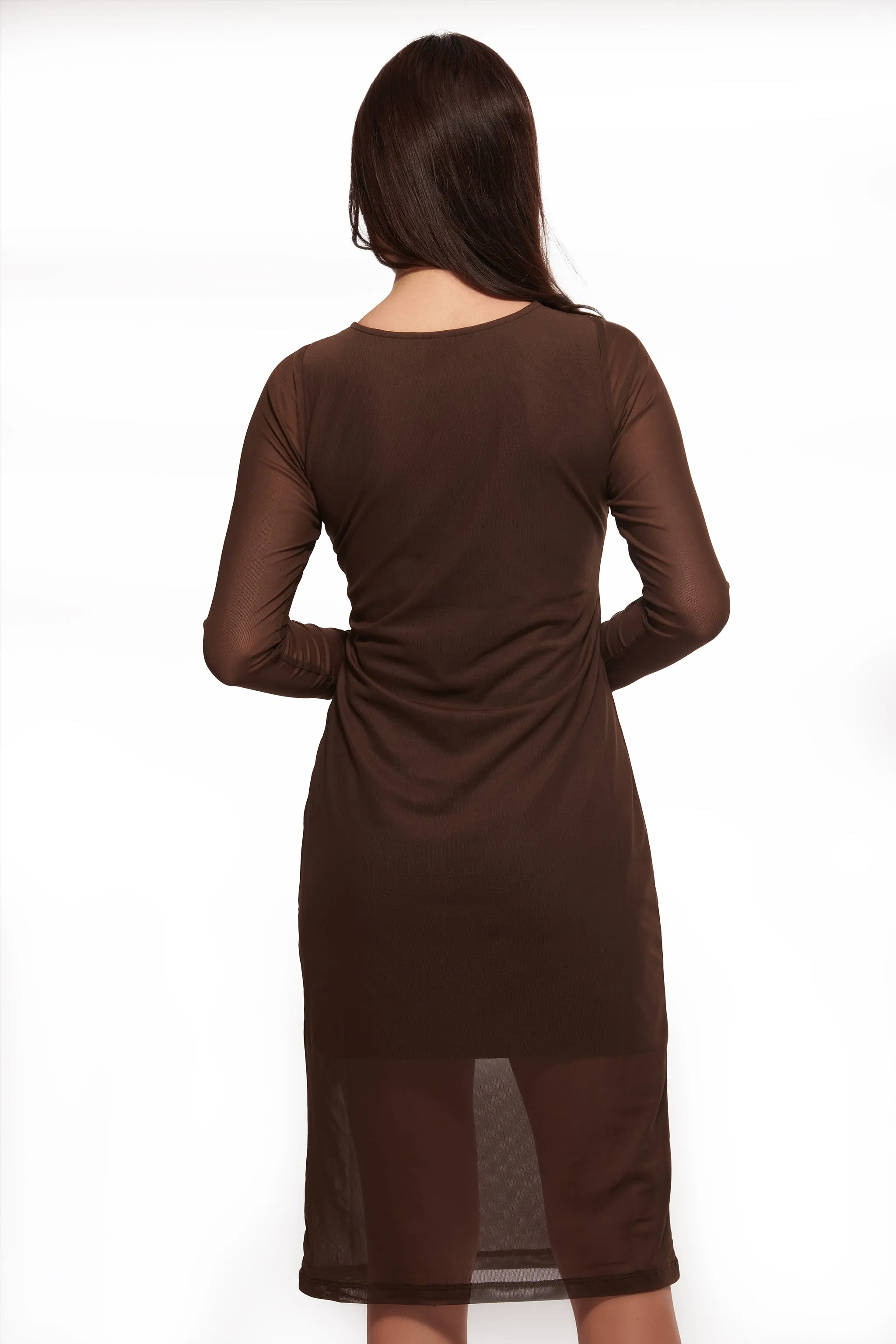 Brown Mesh Layered Midi Dress