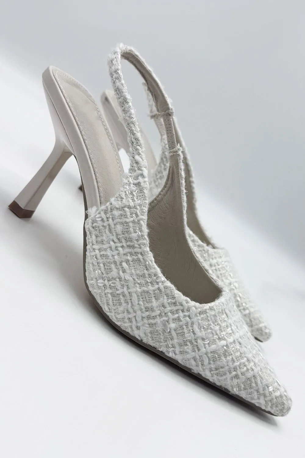 Cher Pointed Toe Tweed Sling back Court Shoe in Beige