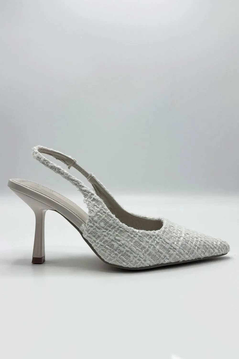 Cher Pointed Toe Tweed Sling back Court Shoe in Beige