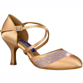 Dance America Charlotte Rhinestone Ladies Light Tan Satin Smooth Ballroom Shoe with Rows of Crystal AB Stones