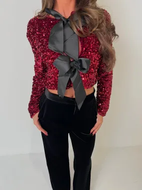 EMMANUEL Sequin Bow Top in Burgundy