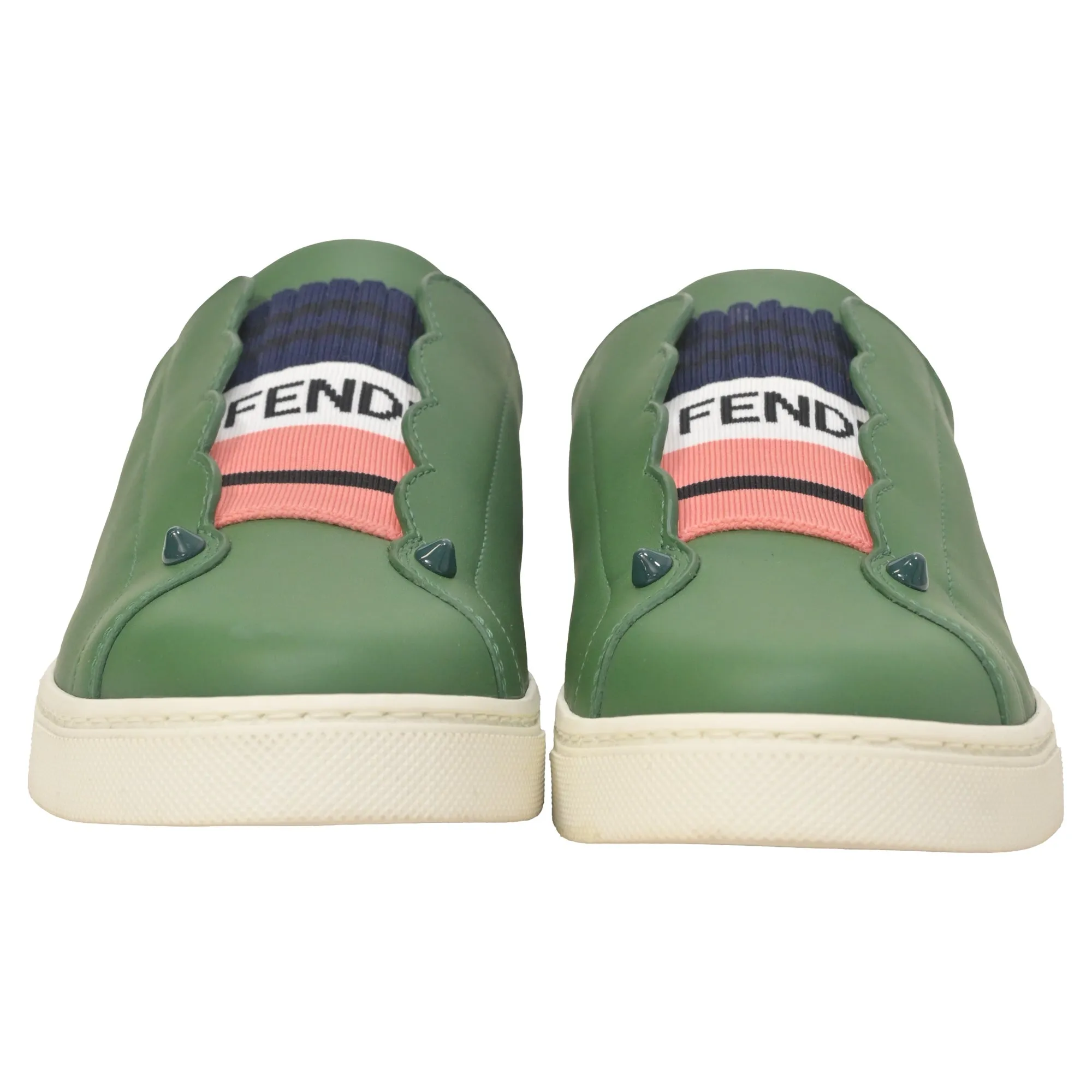 Fendi Vitello Lurex Rockoclick Slip-On Sneakers in Olive Green Leather