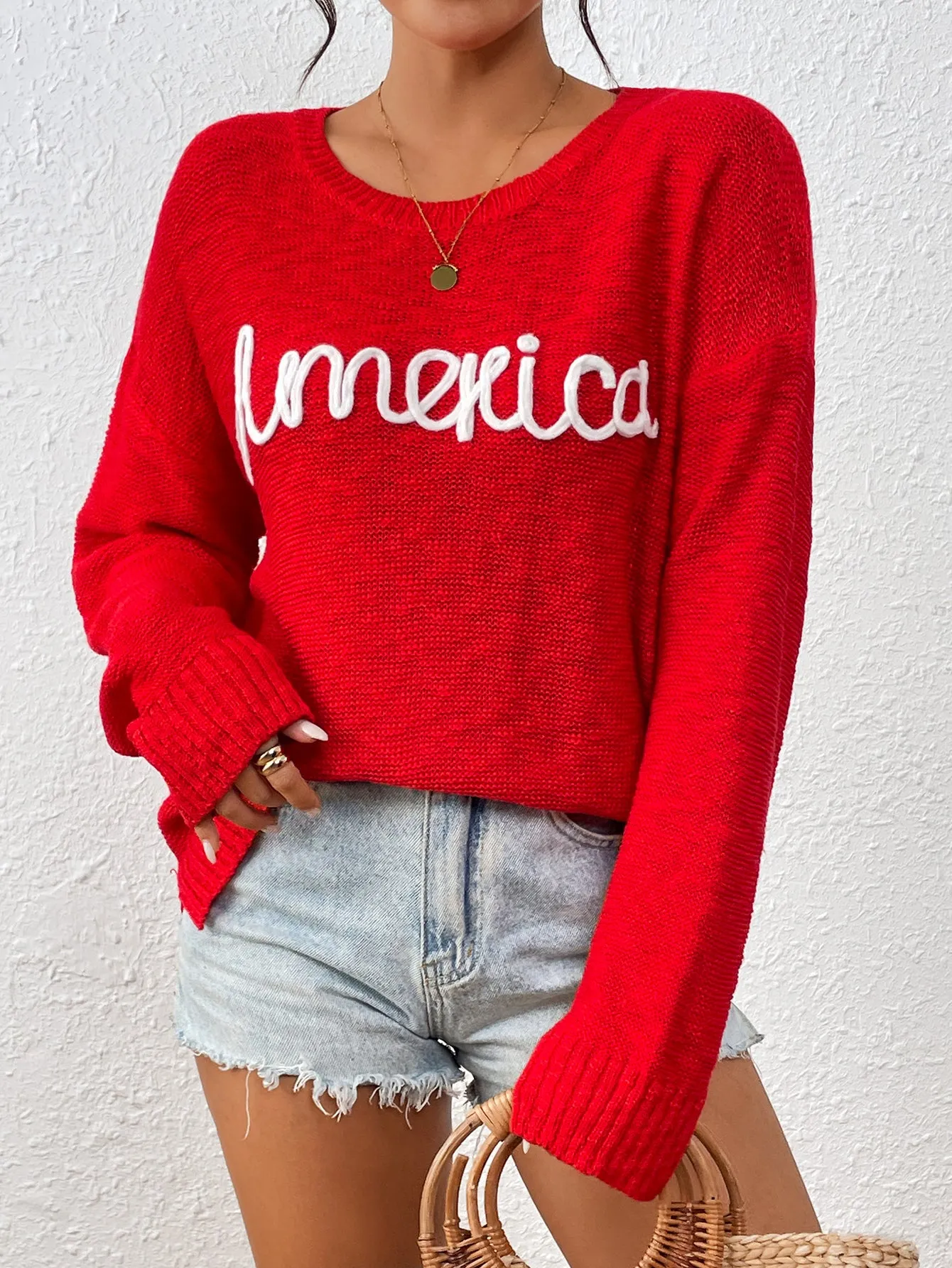 Knitted Sweater Crew Neck Long Sleeve Alphabet Sweater