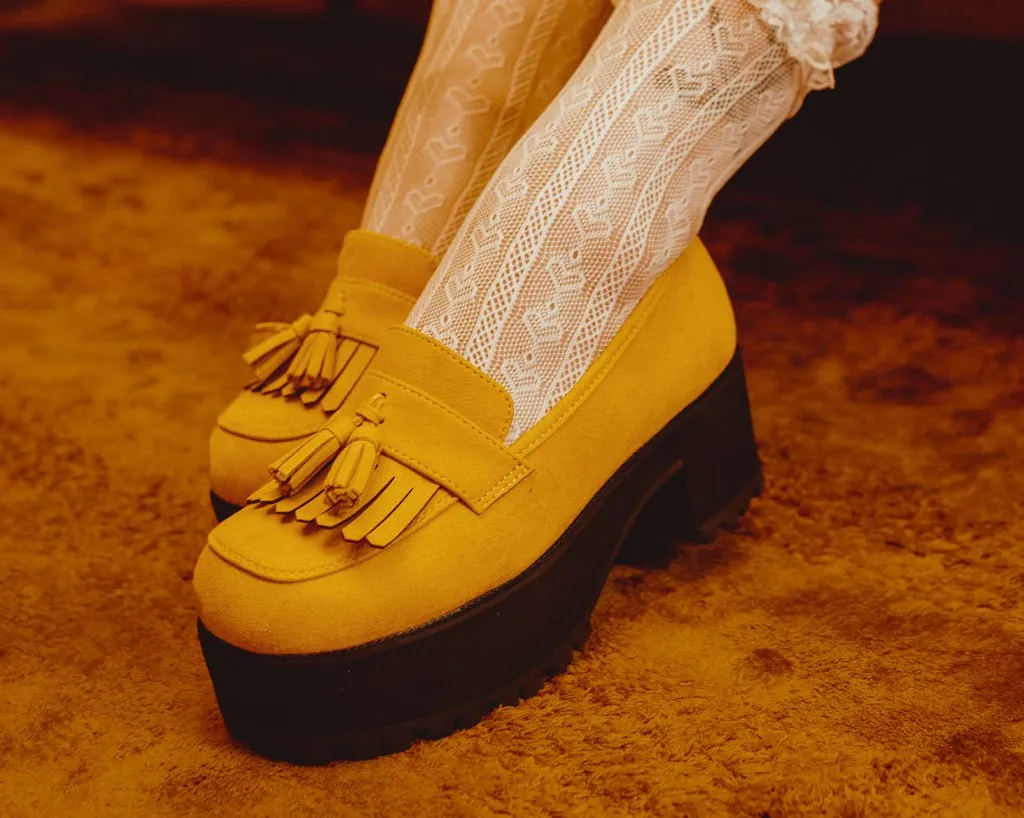 Mustard Faux Suede Fringe Loafer Platform