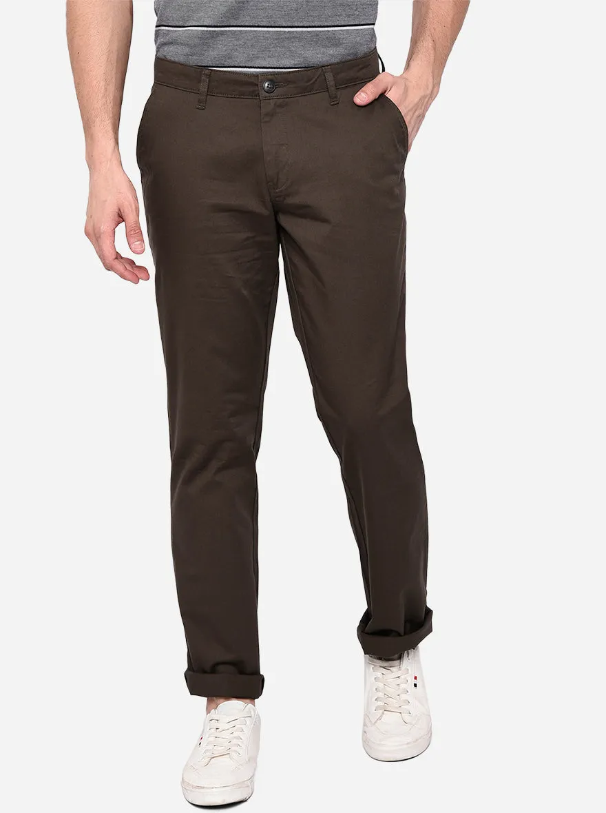 Olive Brown Solid Slim Fit Casual Trouser | Greenfibre