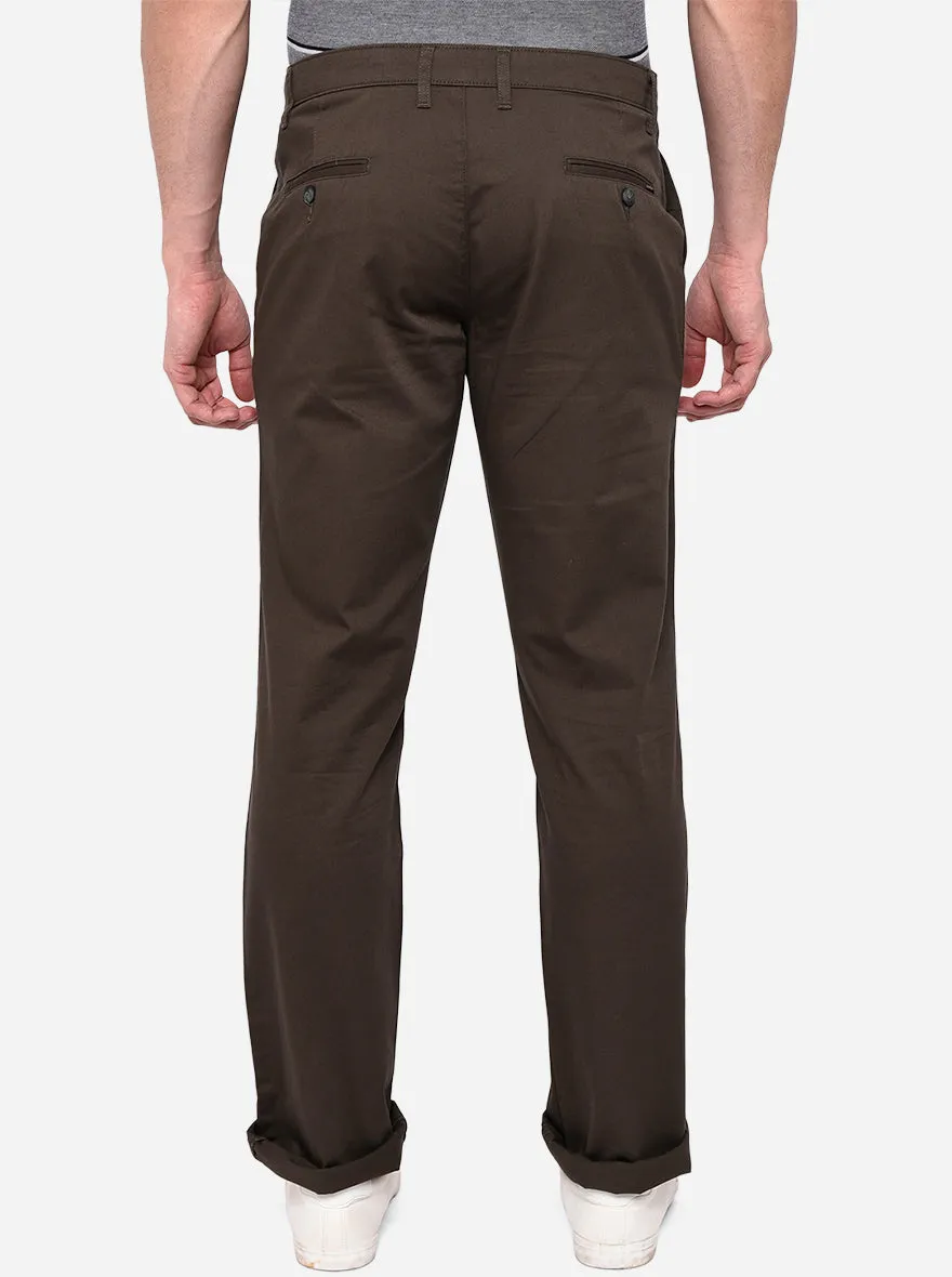 Olive Brown Solid Slim Fit Casual Trouser | Greenfibre