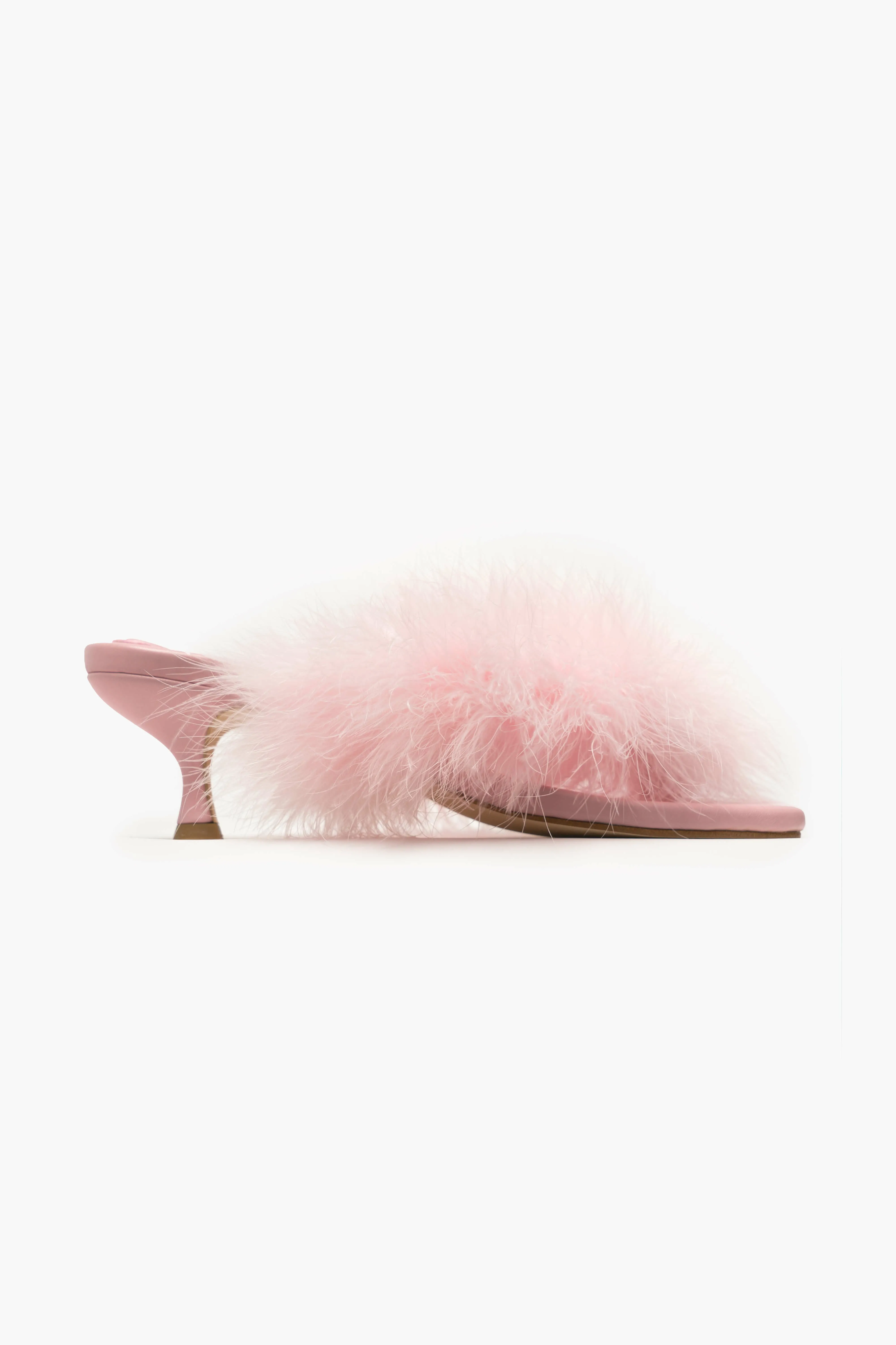 Pom Kitten Heel Mules with Feathers in Pink