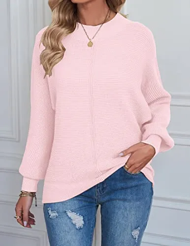 TECREW Womens Long Sleeve Crew Neck Ribbed Knit Solid Color Cozy Pullover Sweater Top, Pink, Small