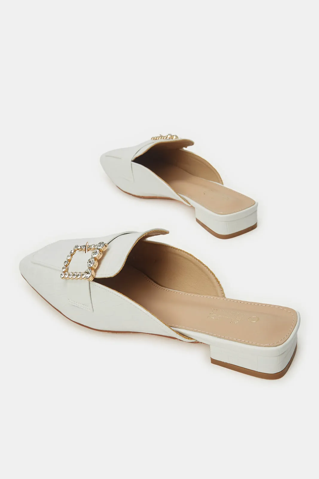 Women White Patent Embellished Buckle Mule