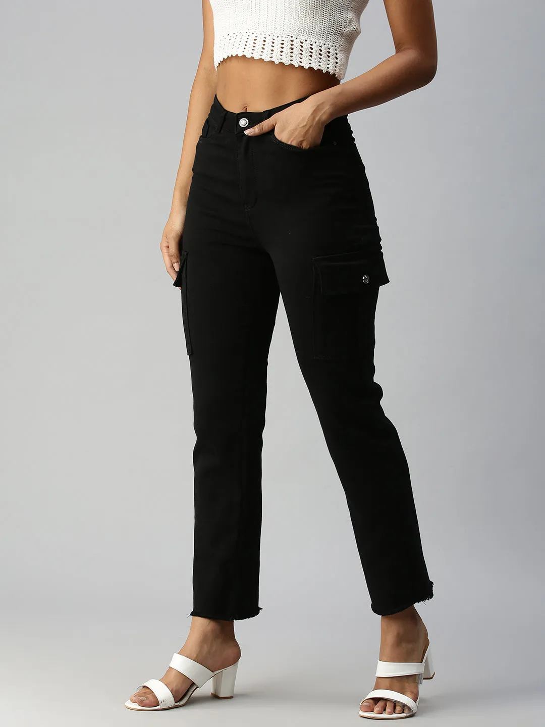 Women's Black Solid Denim Straight Jeans